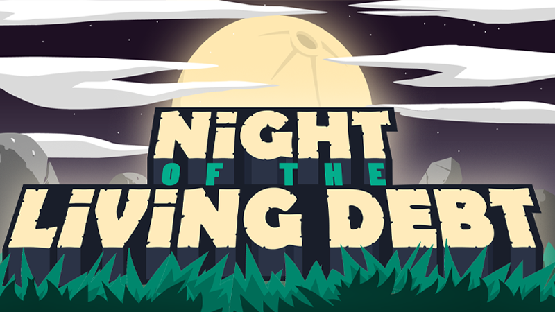 Night of the Living Debt banner with characters in the game